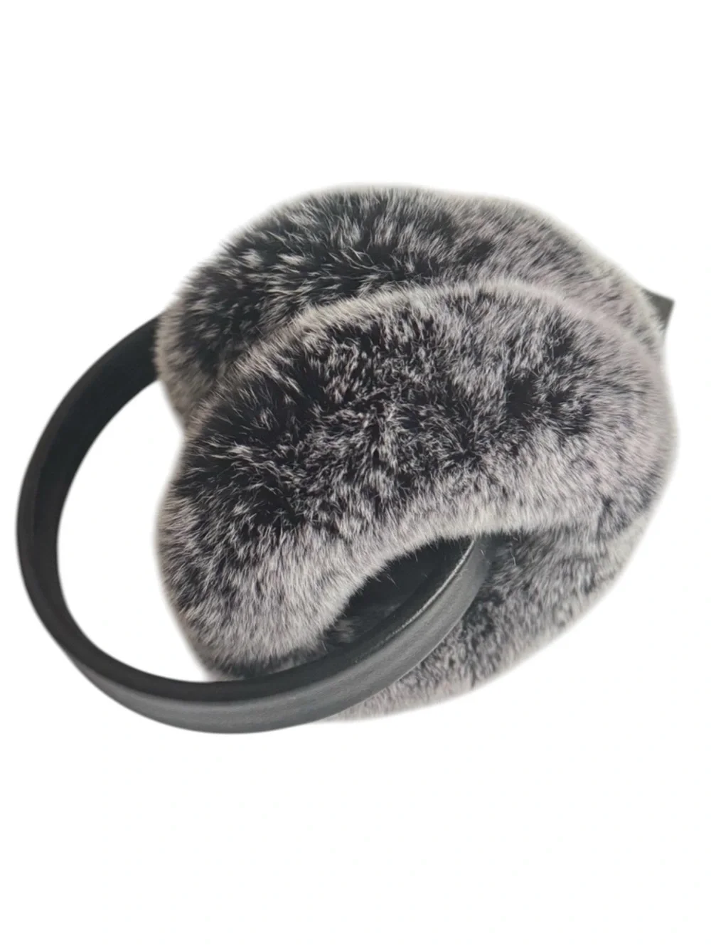 Danier Carrie Earmuffs Black White Rex Rabbit Fur & Sheep Leather NWT - Picture 2 of 5
